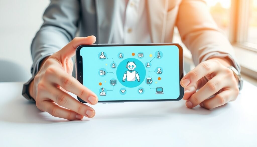 챗봇 만들기 - flat lay of smartphone displaying chatbot interface on white desk, chatbot making concept with digital icons