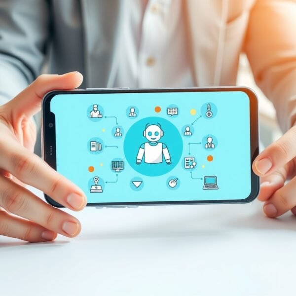 챗봇 만들기 - flat lay of smartphone displaying chatbot interface on white desk, chatbot making concept with digital icons