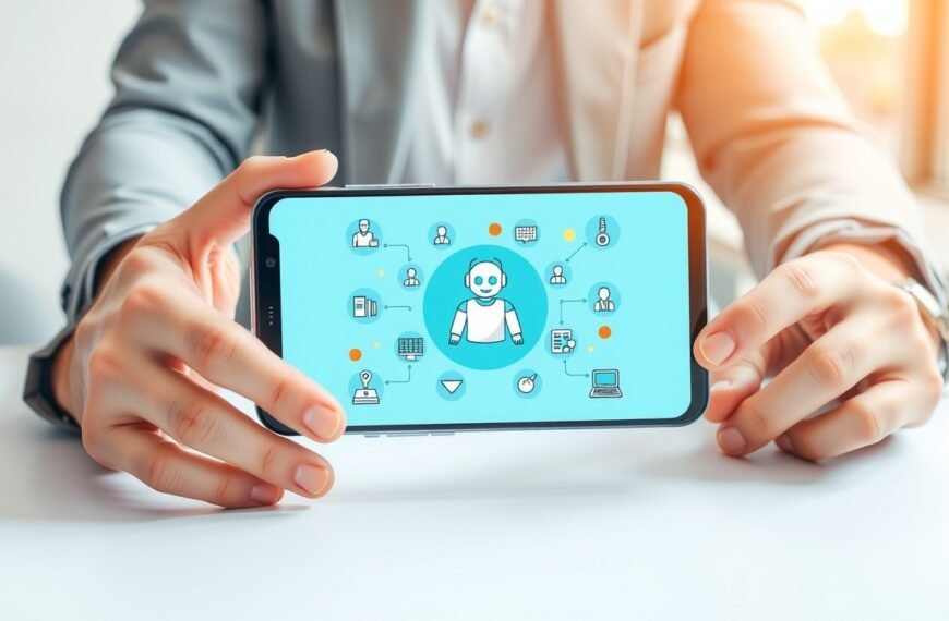 챗봇 만들기 - flat lay of smartphone displaying chatbot interface on white desk, chatbot making concept with digital icons
