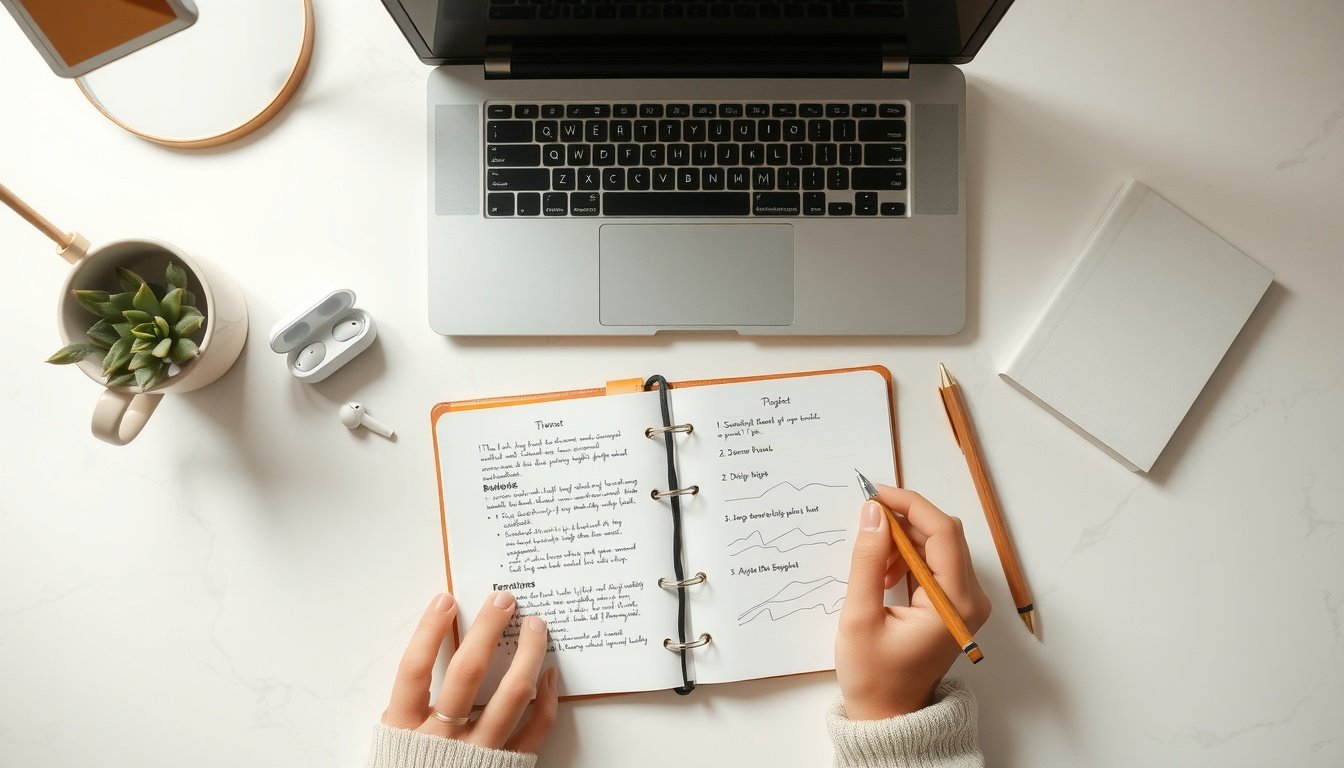 롱테일 키워드 - Korean blogger upper body shot with face visible, working on SEO content with long-tail keyword strategy on laptop screen, natural hands