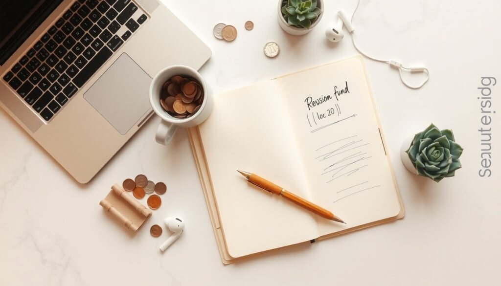 연금 투자 - flat lay of retirement savings concept with coins, notebook, and pension fund documents on white desk