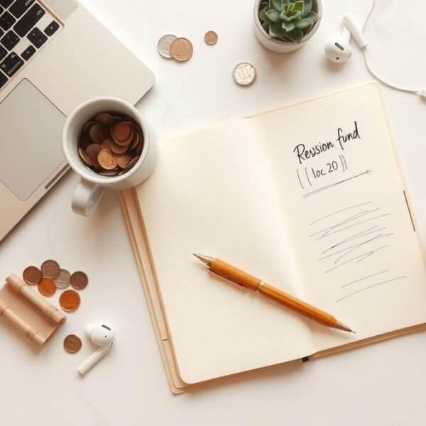 연금 투자 - flat lay of retirement savings concept with coins, notebook, and pension fund documents on white desk