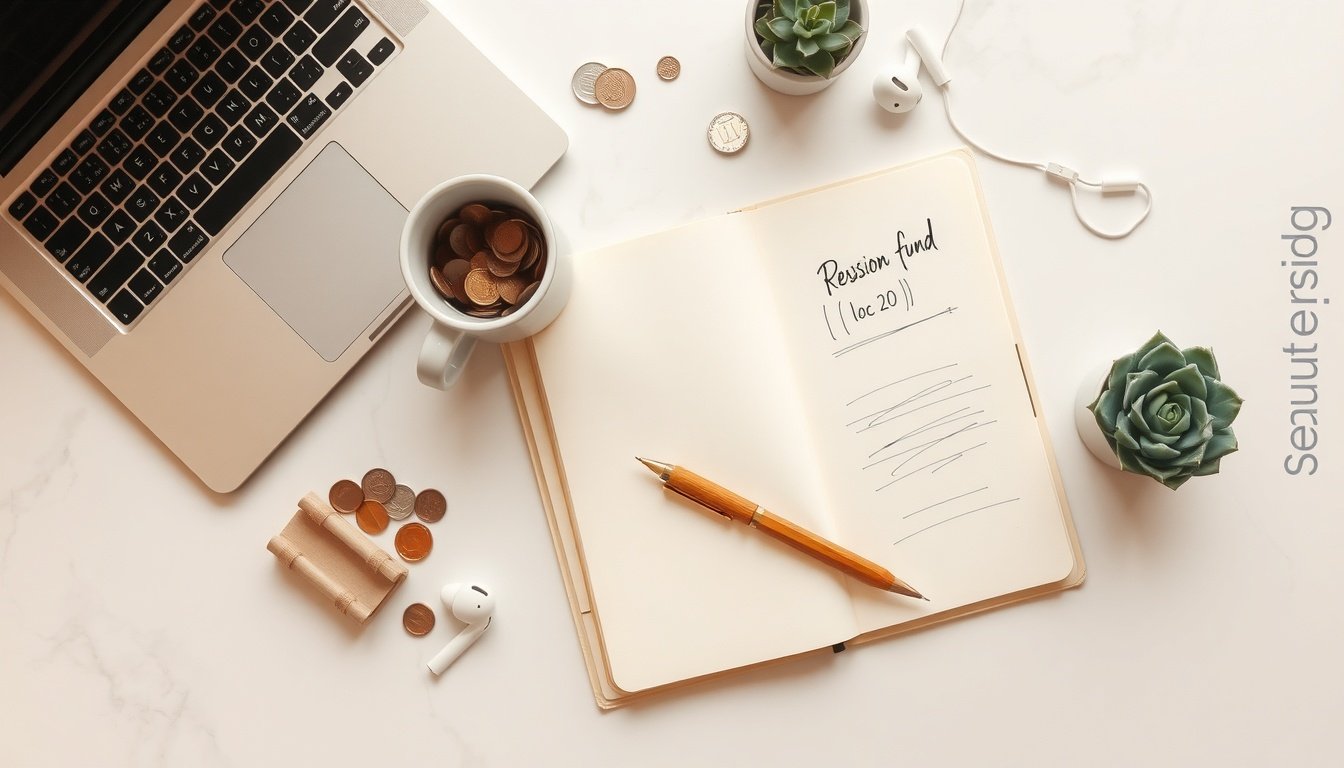연금 투자 - flat lay of retirement savings concept with coins, notebook, and pension fund documents on white desk