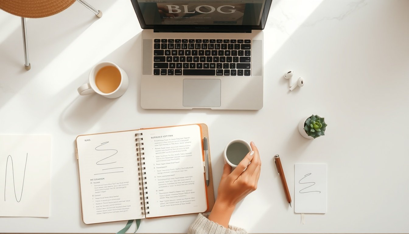 AI 글쓰기 - Korean woman upper body shot with face visible, working on laptop showing blog analytics dashboard, natural hands, bright home office setting