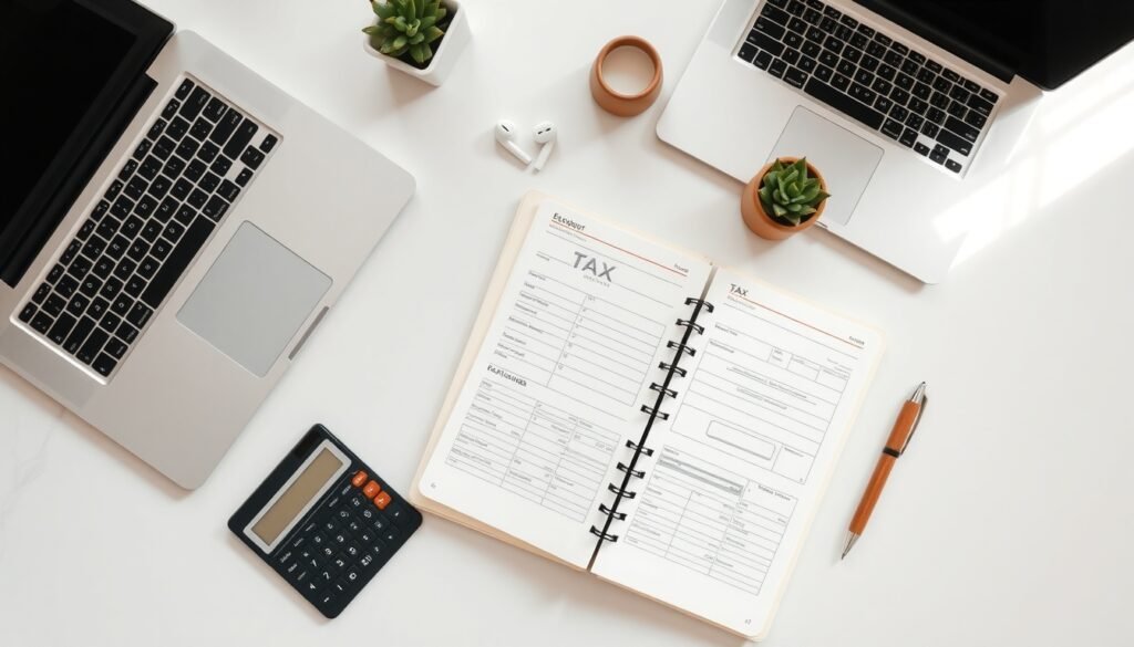 종합소득세 - flat lay of tax documents, calculator, and laptop on white desk, comprehensive income tax filing concept