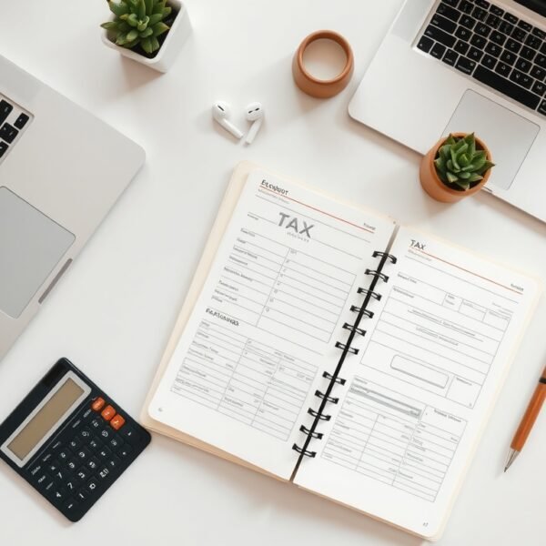 종합소득세 - flat lay of tax documents, calculator, and laptop on white desk, comprehensive income tax filing concept