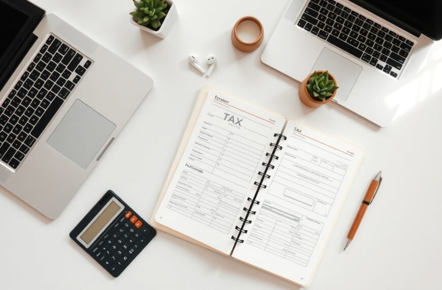 종합소득세 - flat lay of tax documents, calculator, and laptop on white desk, comprehensive income tax filing concept