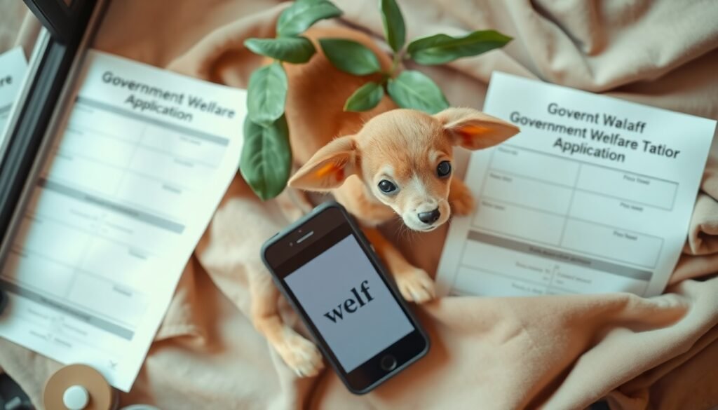 복지로 신청 - flat lay of government welfare application documents and smartphone showing welfare website on white desk, Korea welfare benefits concept