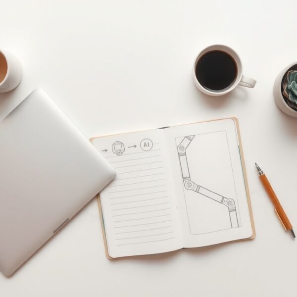 AI 자동화 - flat lay of laptop, smartphone, and AI automation concept icons on white desk, digital nomad productivity tools
