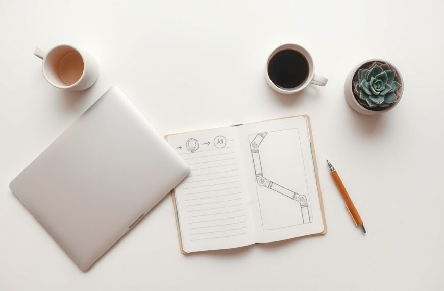 AI 자동화 - flat lay of laptop, smartphone, and AI automation concept icons on white desk, digital nomad productivity tools