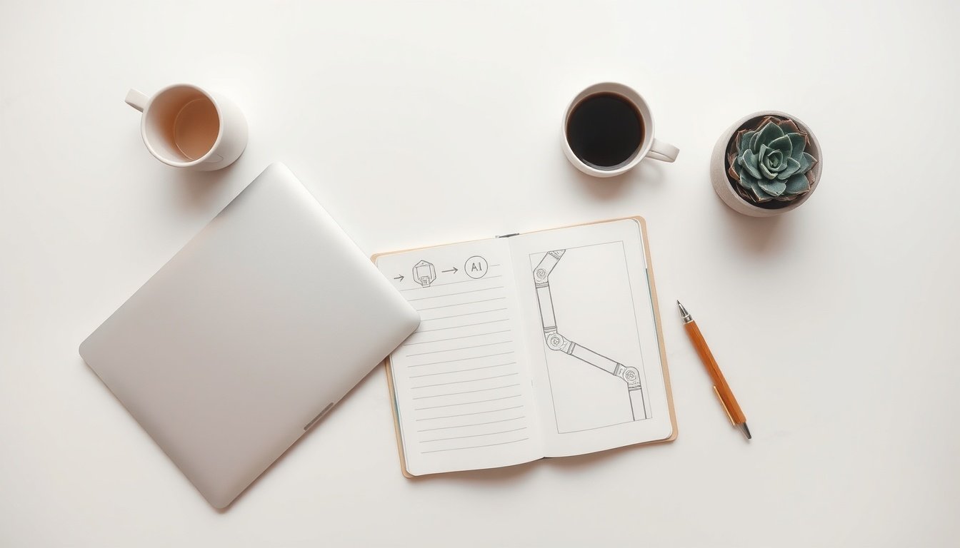 AI 자동화 - flat lay of laptop, smartphone, and AI automation concept icons on white desk, digital nomad productivity tools