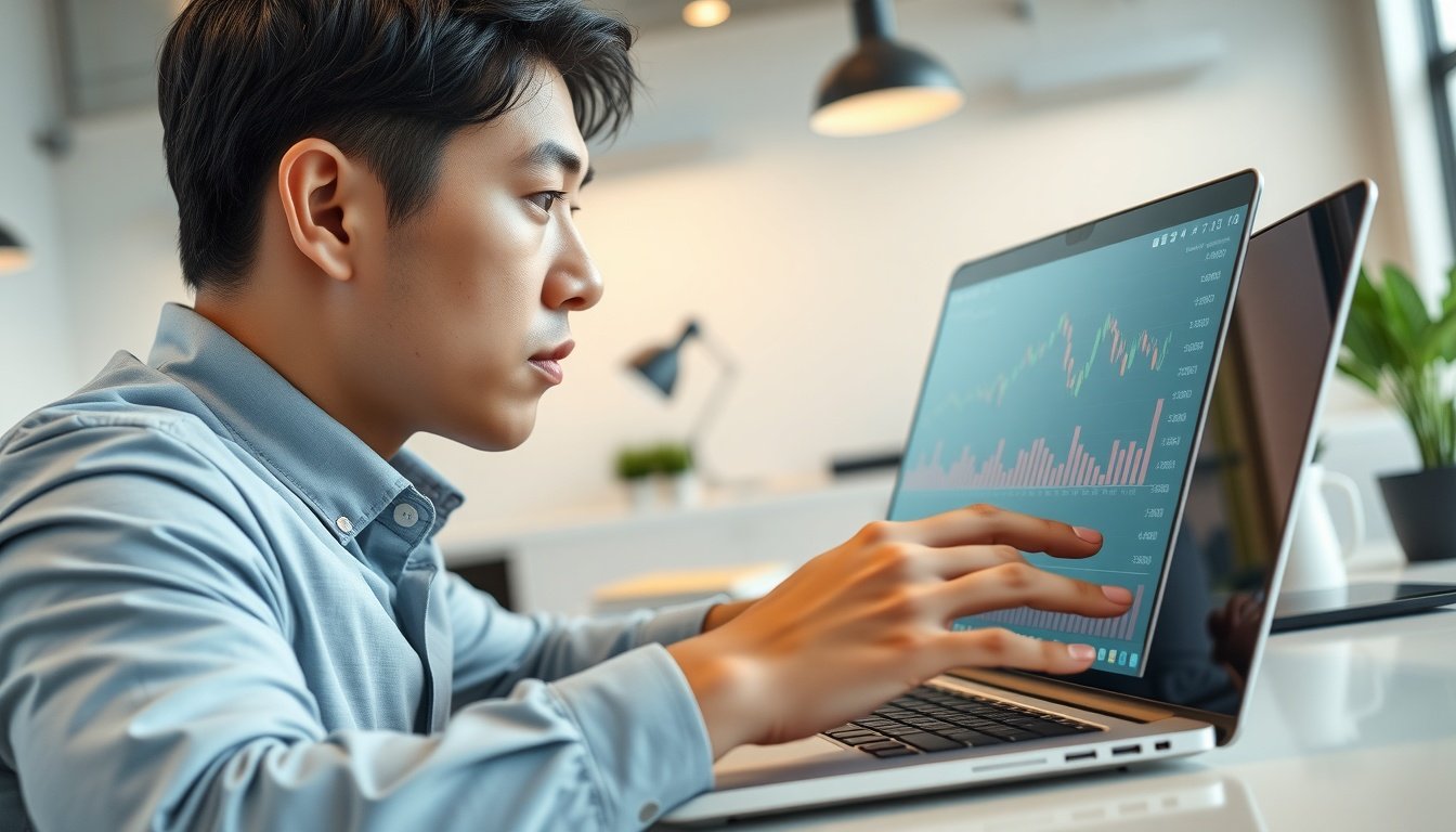 비트코인 - upper body shot of Korean man with face visible, looking at bitcoin investment chart on laptop screen, natural hands, professional setting