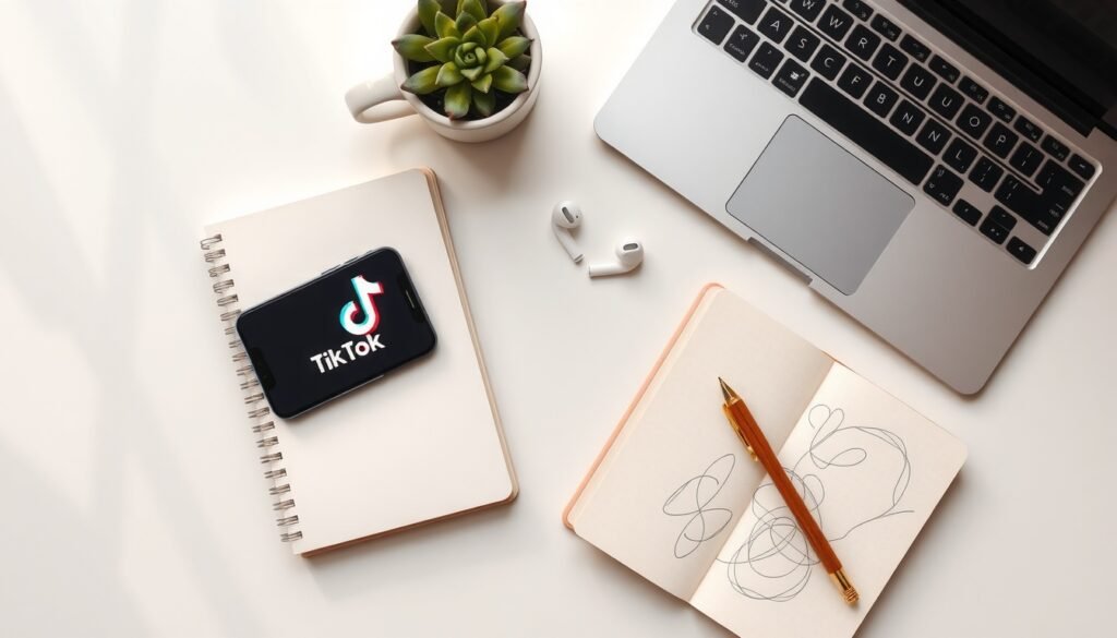 틱톡 마케팅 - flat lay of smartphone showing TikTok app on white desk with notebook and pen, TikTok marketing strategy concept