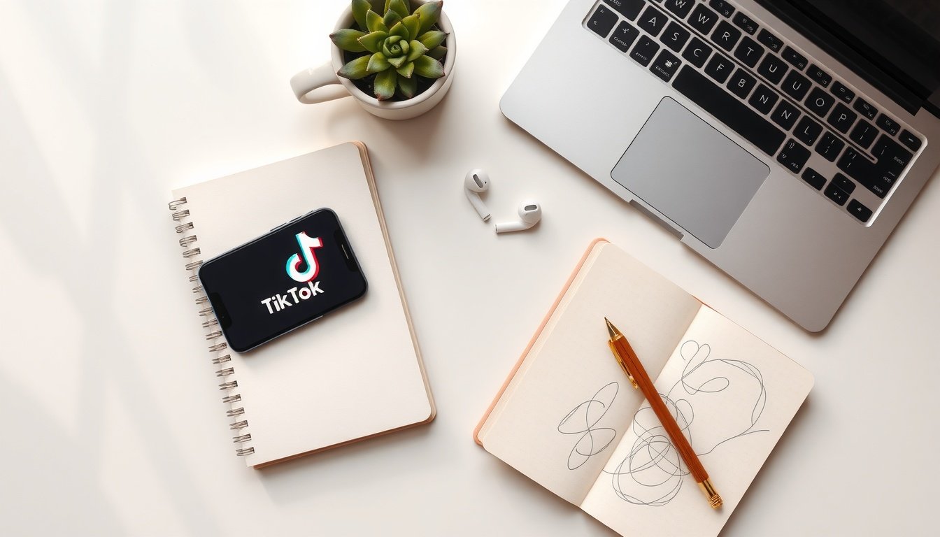 틱톡 마케팅 - flat lay of smartphone showing TikTok app on white desk with notebook and pen, TikTok marketing strategy concept