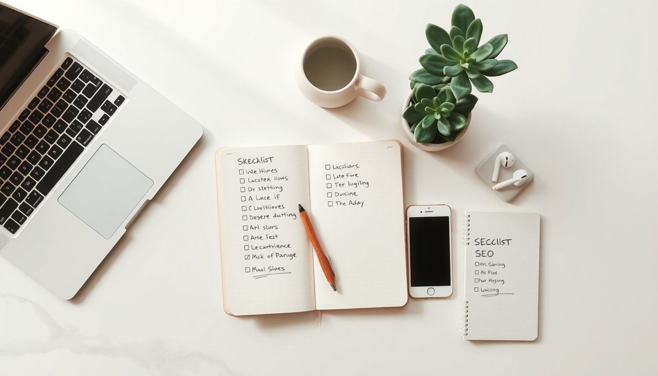 SEO 최적화 방법 - flat lay of SEO checklist notebook, pen and smartphone on desk, blog optimization concept 2026