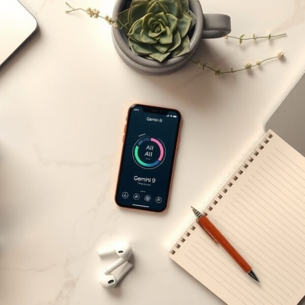 제미나이 AI - flat lay of smartphone showing Gemini AI interface on screen, with notebook and pen on white desk, Google AI technology concept