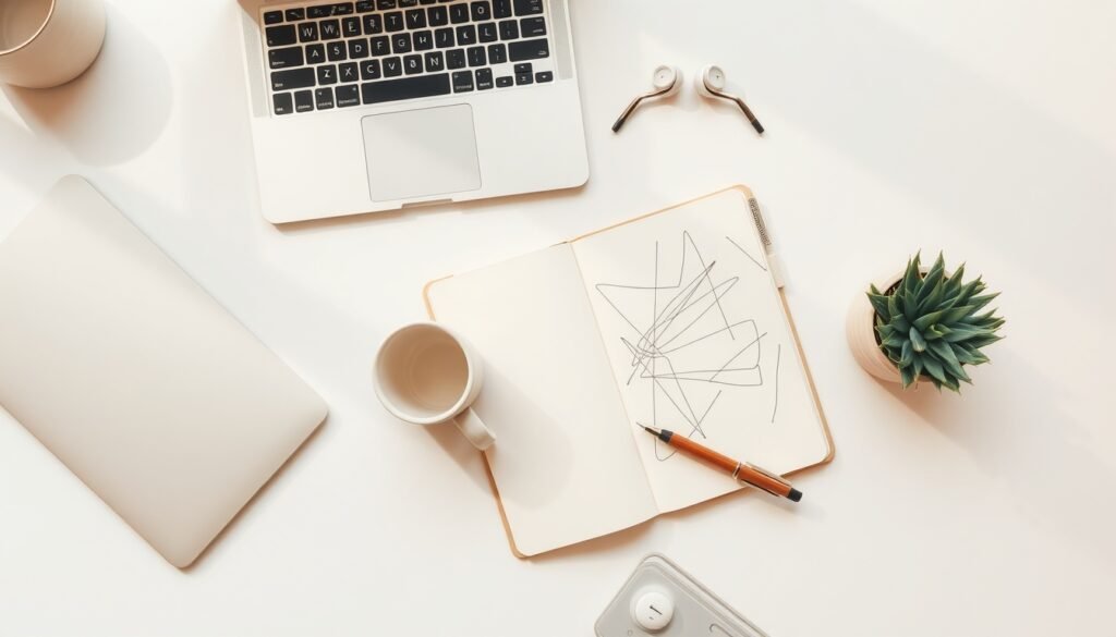 블로그 원고료 - flat lay of laptop, notebook, and pen on white desk, blog writing income concept