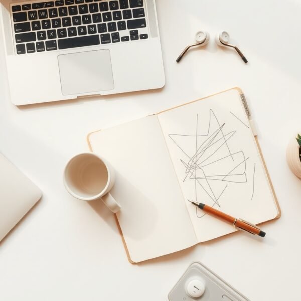 블로그 원고료 - flat lay of laptop, notebook, and pen on white desk, blog writing income concept
