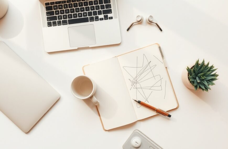 블로그 원고료 - flat lay of laptop, notebook, and pen on white desk, blog writing income concept