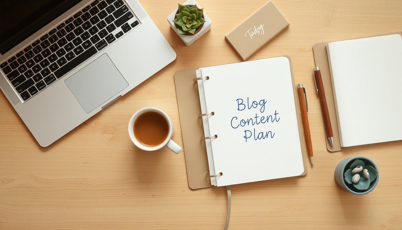 블로그 글쓰기 - flat lay of coffee cup, notebook with blog content plan, and pen on wooden desk, blog writing success concept