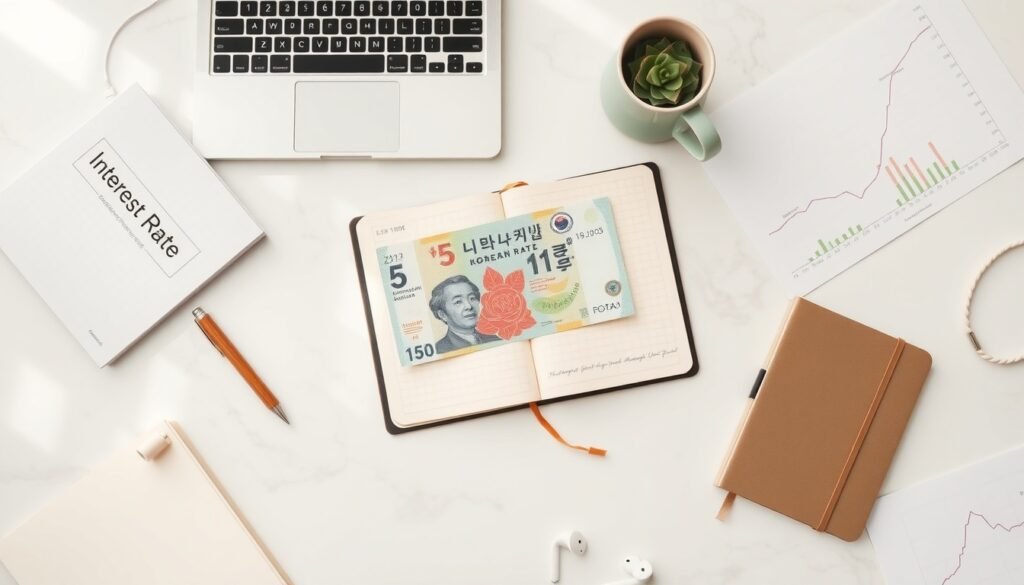 금리 전망 - flat lay of Korean won banknotes and interest rate graph chart on white desk, financial interest rate forecast concept