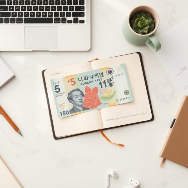 금리 전망 - flat lay of Korean won banknotes and interest rate graph chart on white desk, financial interest rate forecast concept