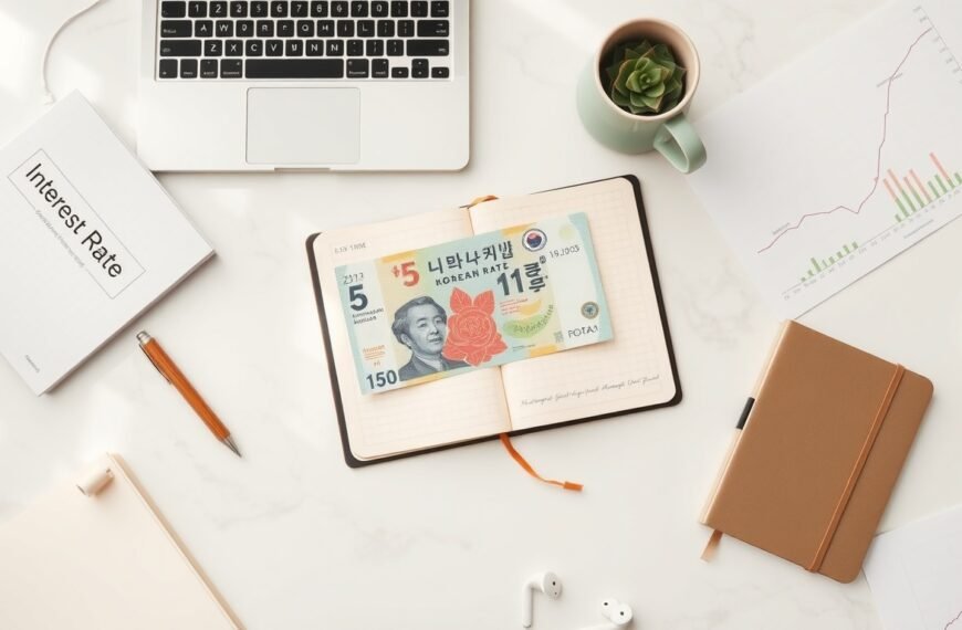 금리 전망 - flat lay of Korean won banknotes and interest rate graph chart on white desk, financial interest rate forecast concept