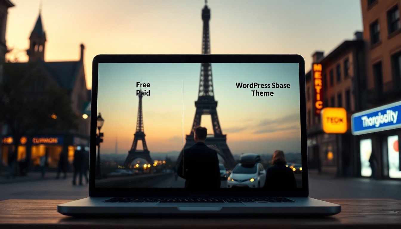 워드프레스 테마 - comparison chart of free and paid WordPress themes on laptop screen, flat lay product shot with modern desk setup