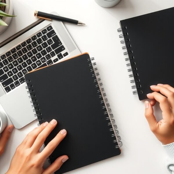 콘텐츠 마케팅 - flat lay of laptop, notebook, and coffee cup on white desk, content marketing strategy concept for blog monetization