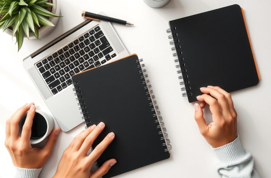 콘텐츠 마케팅 - flat lay of laptop, notebook, and coffee cup on white desk, content marketing strategy concept for blog monetization