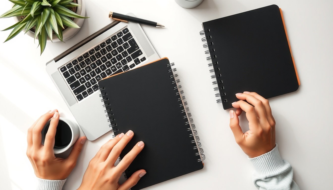 콘텐츠 마케팅 - flat lay of laptop, notebook, and coffee cup on white desk, content marketing strategy concept for blog monetization