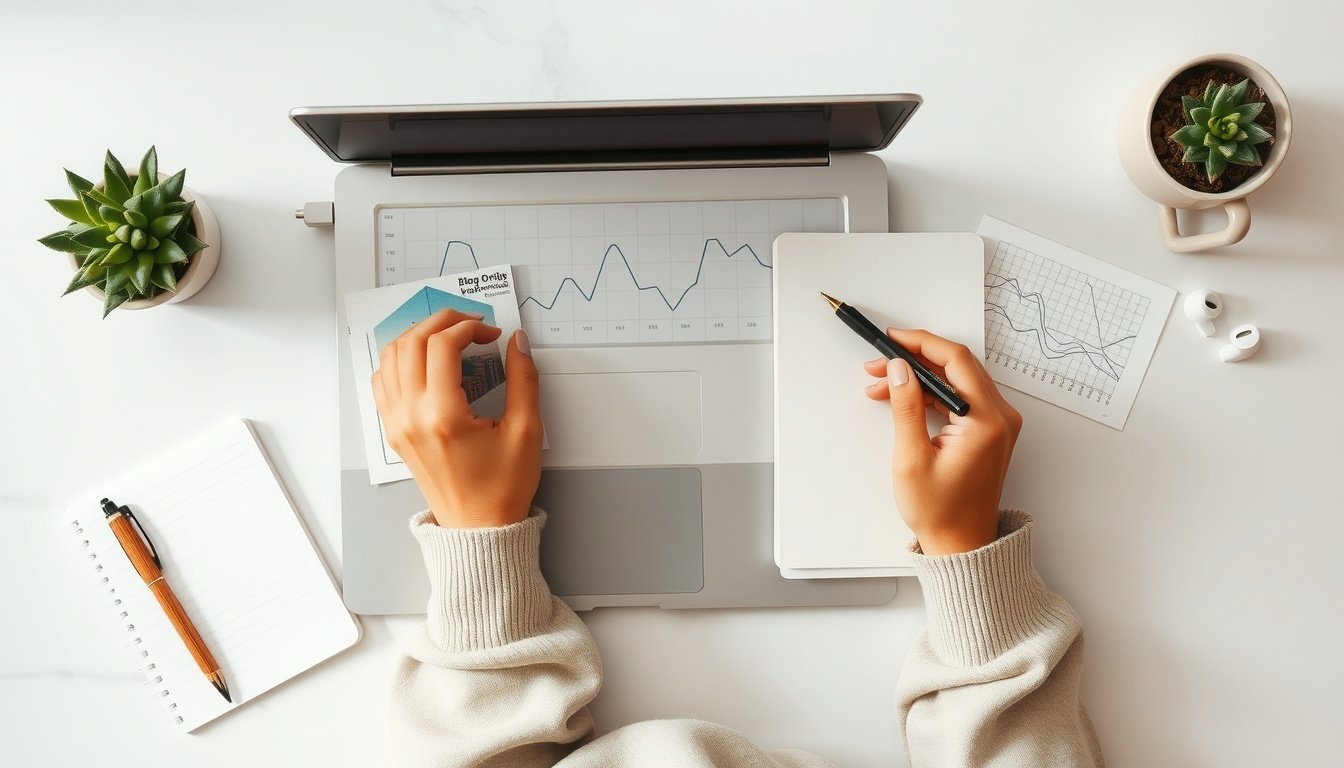 네이버 인플루언서 - Korean woman upper body shot with face visible, reviewing blog analytics on laptop at home desk, naver influencer revenue strategy, natural hands