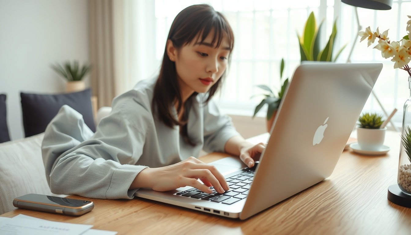 블로그 마케팅 - Korean woman upper body shot with face visible, working on blog marketing strategy on laptop at home desk, natural hands