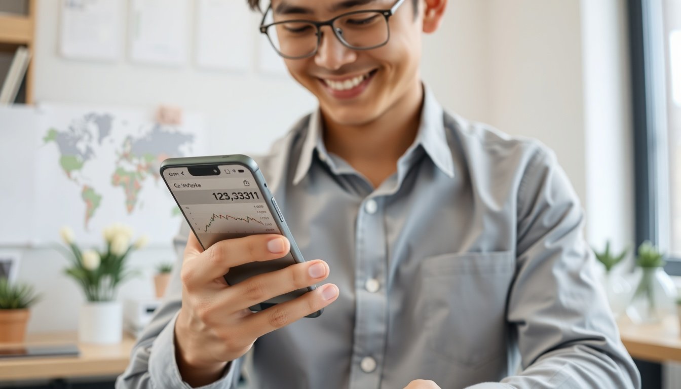 해외 주식 - Korean man upper body shot with face visible, smiling while checking overseas stock portfolio on smartphone at home office, natural hands