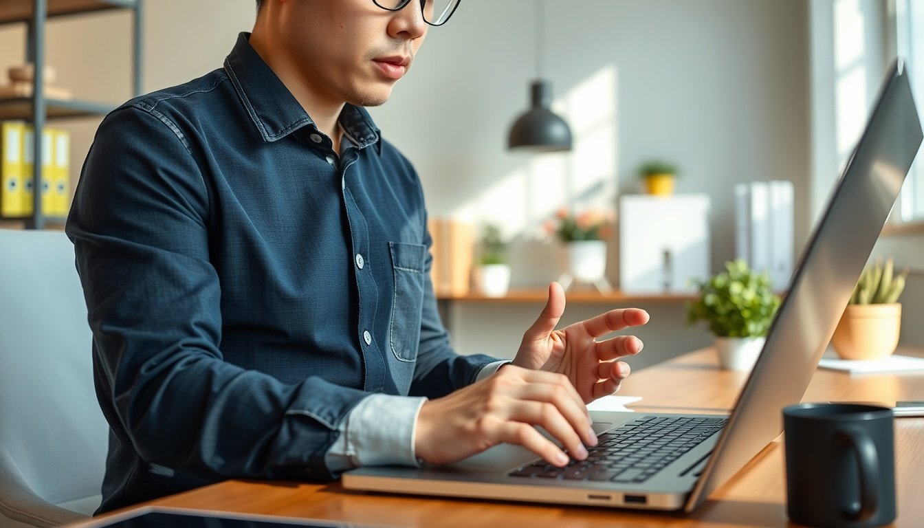쿠팡파트너스 - Korean man upper body shot with face visible, analyzing affiliate marketing data on laptop screen in home office, natural hands, coupang partners revenue strategy
