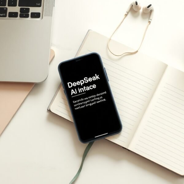 딥시크 - flat lay of smartphone displaying DeepSeek AI interface on white desk with notebook and pen, AI technology concept