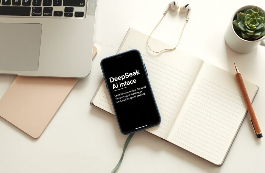 딥시크 - flat lay of smartphone displaying DeepSeek AI interface on white desk with notebook and pen, AI technology concept