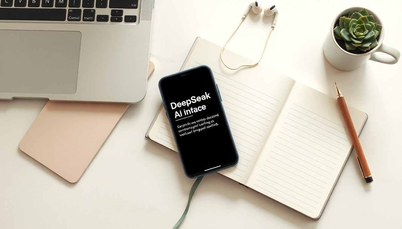 딥시크 - flat lay of smartphone displaying DeepSeek AI interface on white desk with notebook and pen, AI technology concept