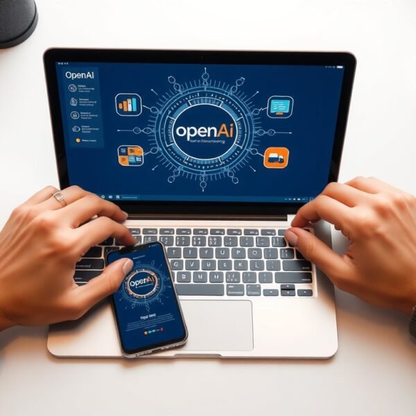 오픈AI - flat lay of laptop and smartphone displaying OpenAI interface on white desk, AI technology concept