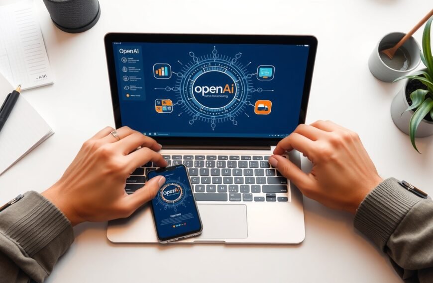 오픈AI - flat lay of laptop and smartphone displaying OpenAI interface on white desk, AI technology concept