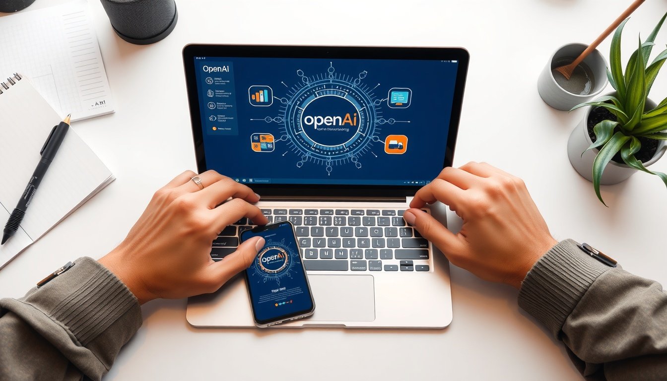 오픈AI - flat lay of laptop and smartphone displaying OpenAI interface on white desk, AI technology concept