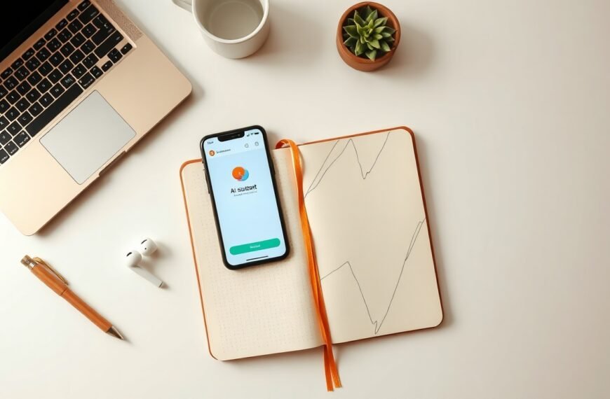 AI 비서 - flat lay of smartphone and laptop displaying AI assistant interface on white desk, AI productivity concept