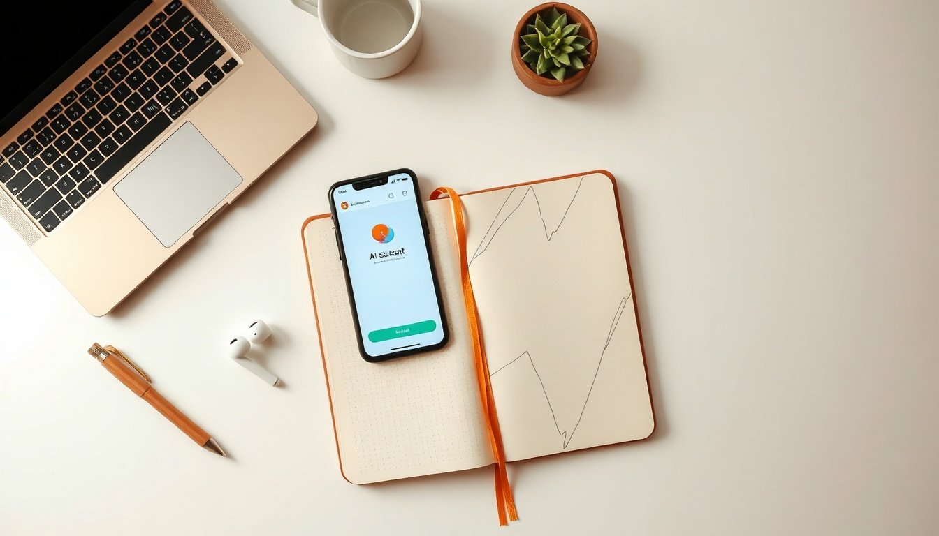 AI 비서 - flat lay of smartphone and laptop displaying AI assistant interface on white desk, AI productivity concept