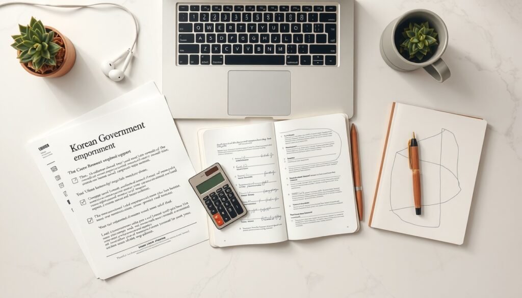 고용지원금 - flat lay of Korean government employment support documents and calculator on white desk, job support fund concept