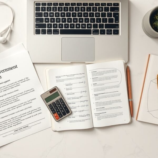 고용지원금 - flat lay of Korean government employment support documents and calculator on white desk, job support fund concept
