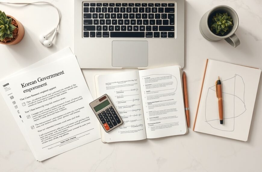고용지원금 - flat lay of Korean government employment support documents and calculator on white desk, job support fund concept