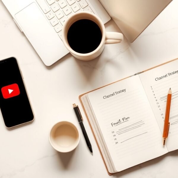 유튜브 채널 운영 - flat lay of smartphone showing YouTube app, notebook with channel strategy plan, and earphones on white desk, YouTube channel management concept
