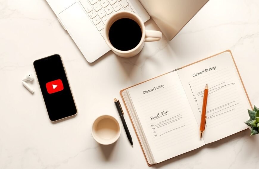 유튜브 채널 운영 - flat lay of smartphone showing YouTube app, notebook with channel strategy plan, and earphones on white desk, YouTube channel management concept