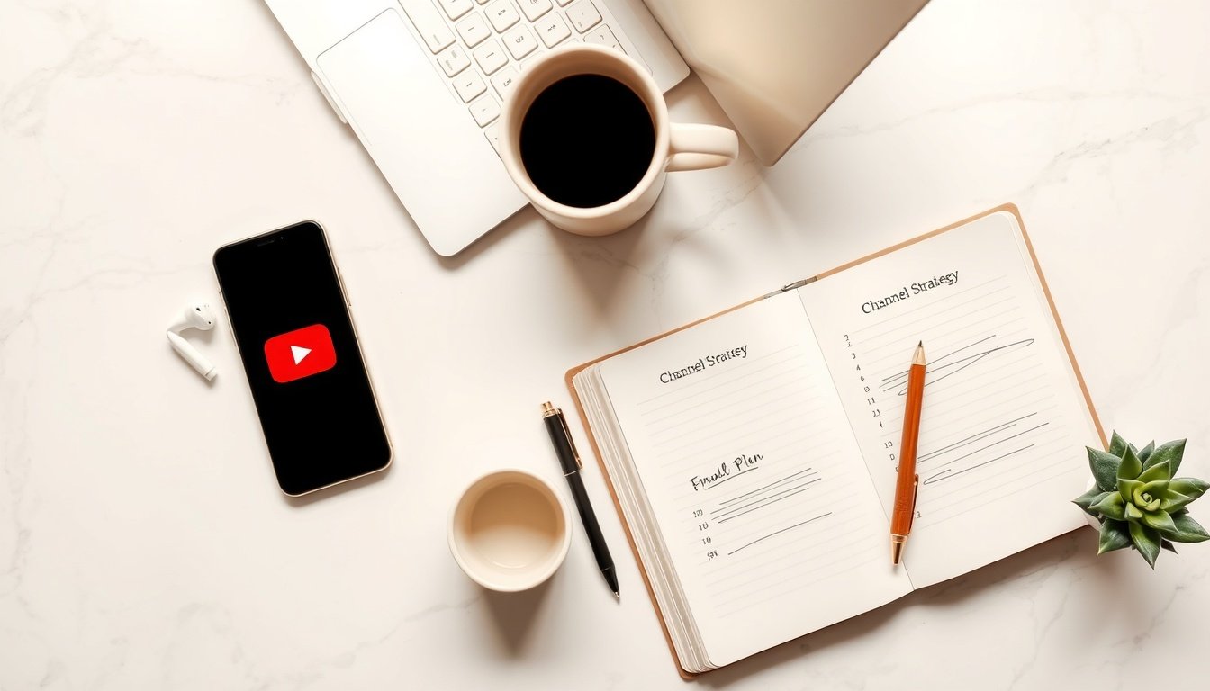 유튜브 채널 운영 - flat lay of smartphone showing YouTube app, notebook with channel strategy plan, and earphones on white desk, YouTube channel management concept