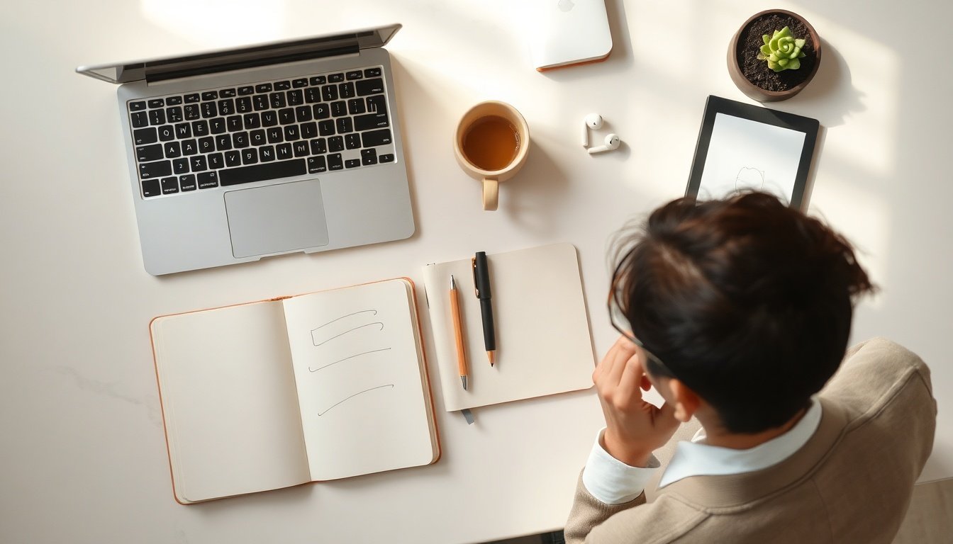 사업자 등록 - Korean person upper body shot with face visible, using laptop to complete online business registration on Hometax website, natural hands, bright office background